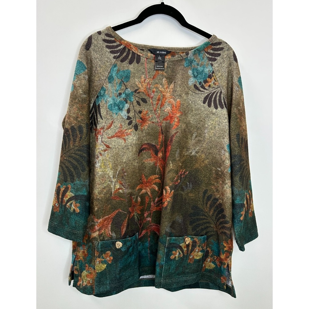 Ali Miles Brushed Soft Knit Tunic Top Pockets 3/4 Sleeve Small Autumn Fall Art - Picture 2 of 11